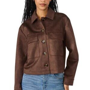 Steve Madden Woman Crop Jacket Brown Faux Suede Pockets Button Long Sleeves NWT